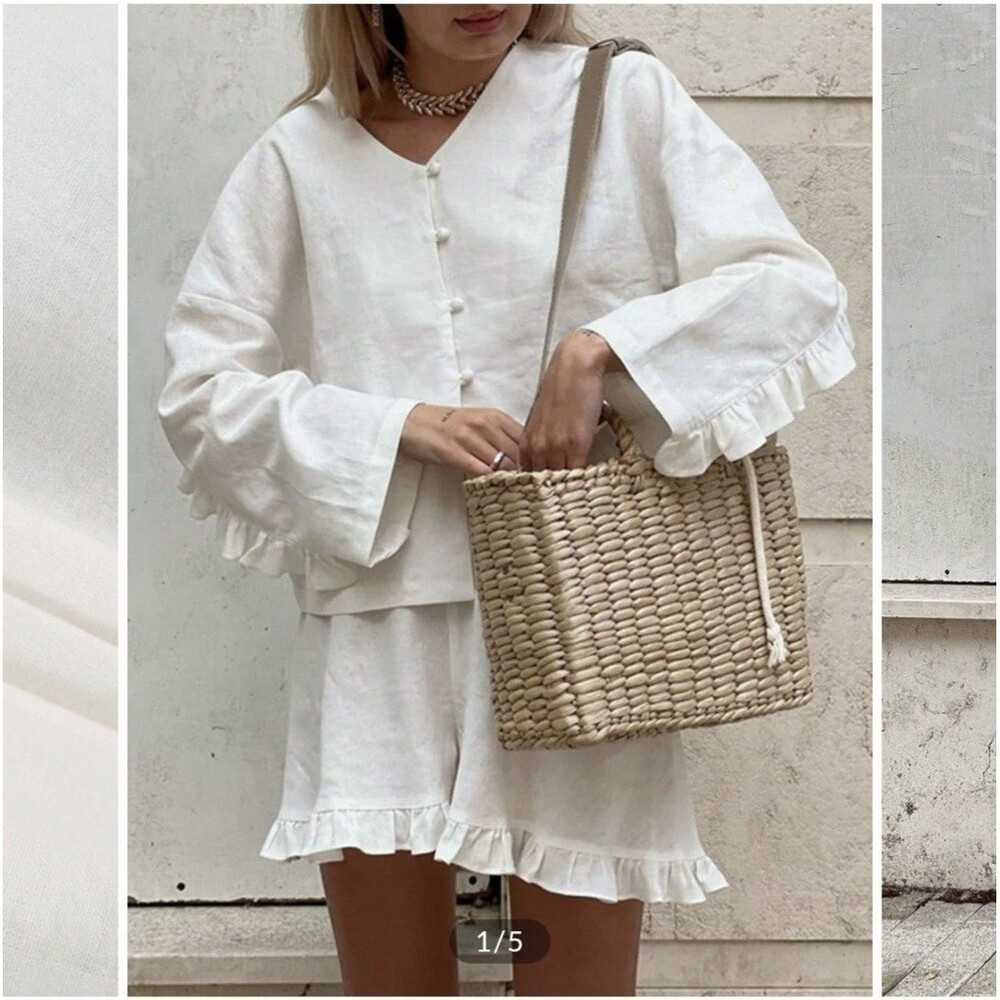 Commense Women's Cotton Button Down Shirt‎ Long Ruffle Sleeve Top Size Medium